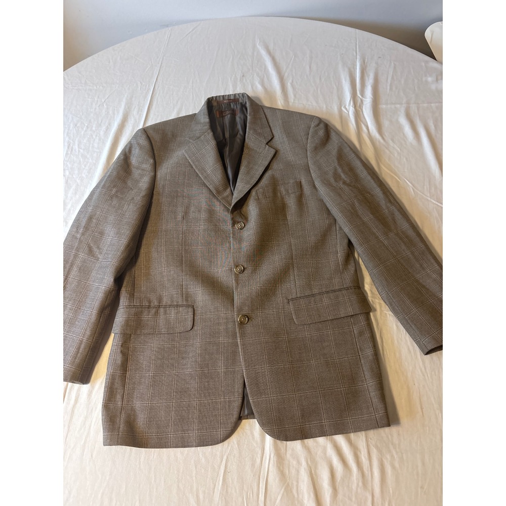 Tasso Elba Blazer Mens 38L Brown Windowpane Plaid 3-Button Sport Coat